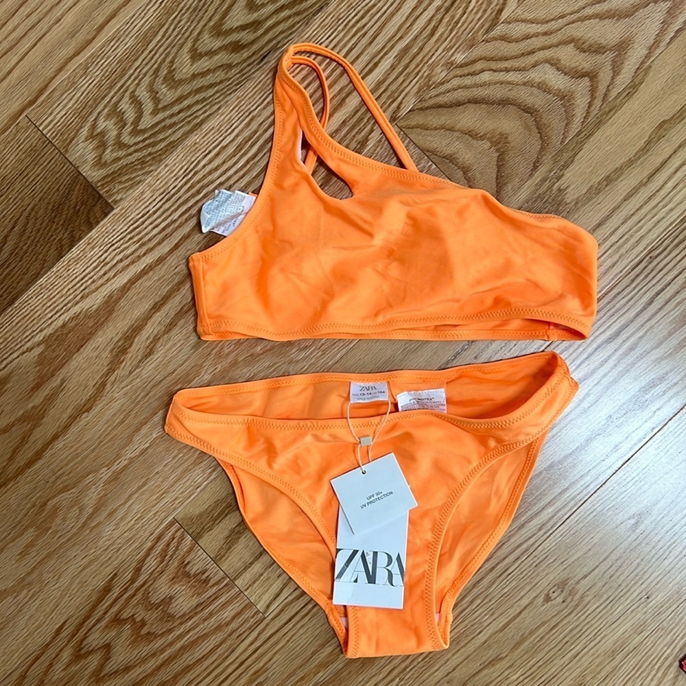 New! Zara kids SZ 13/14 orange glittery two piece swim suit.